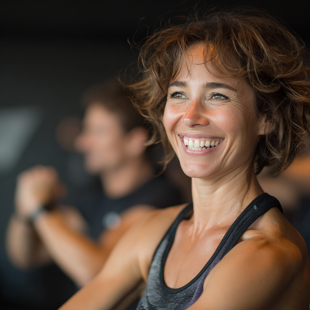Happy European fitness instructor in their 40s demonstrating exercise technique with genuine smile, professional fitness studio setting